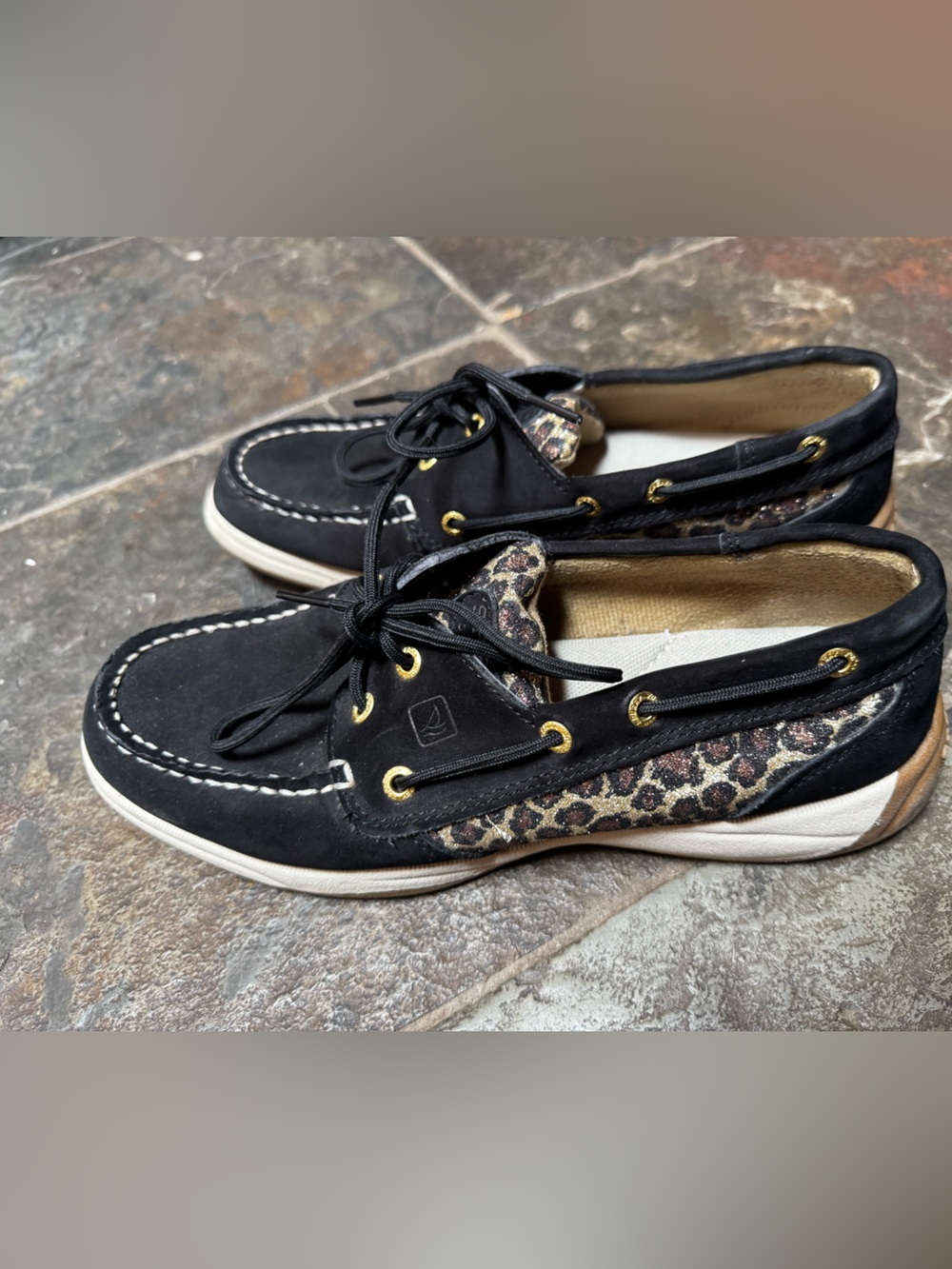 Sperry Black Boat Shoes with metallic Leopard Print Accents 8